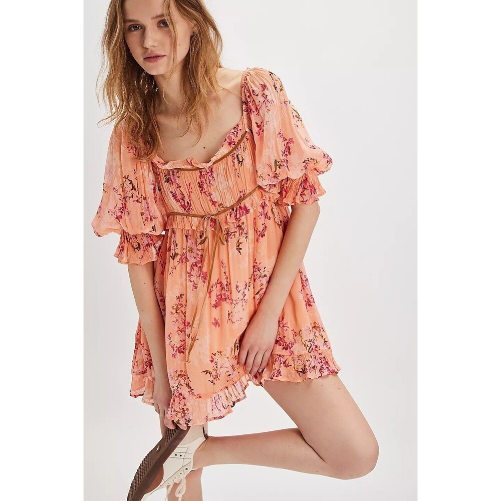 Free People Marney Mini Dress Floral Printed Puff Sleeve Ribbon Ruffle S 280233